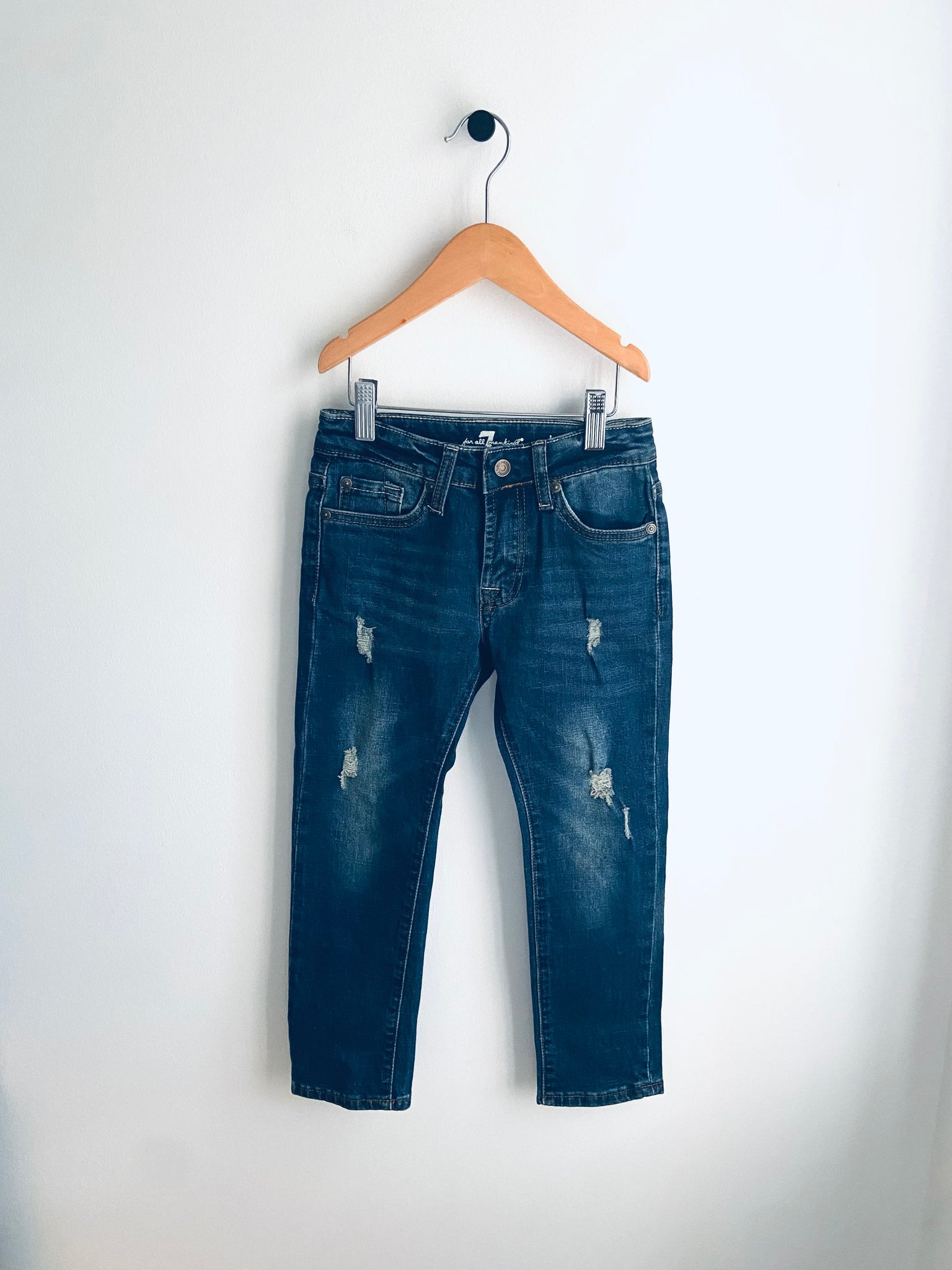 7 For All Mankind | Dark Wash Slim Fit Distressed Denim Jeans (5Y)